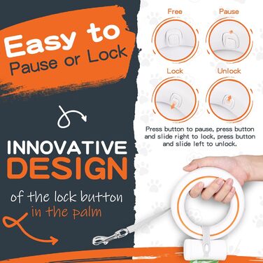 Висувна поводок для собак, ручне кріплення, 3 м, 360°, без перекручувань, з тримачем для пакетів для екскрементів, для середніх та маленьких собак (Помаранчевий/Білий)