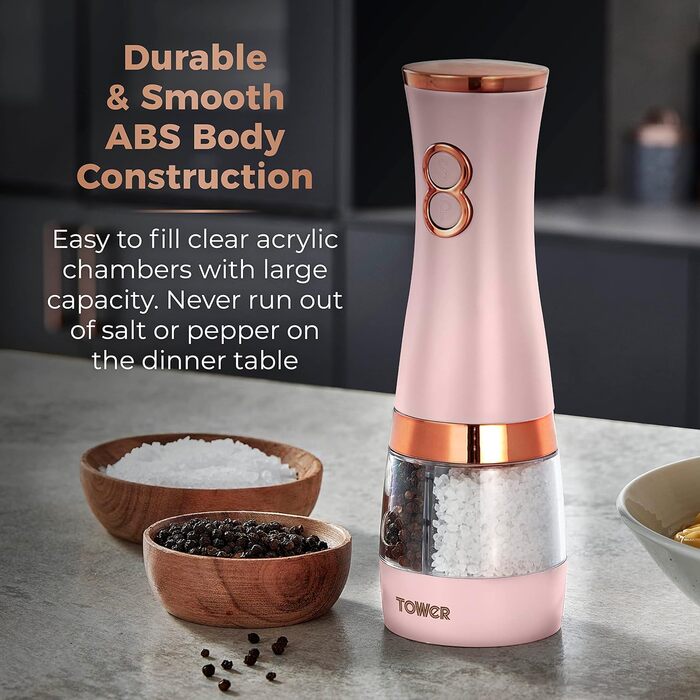 Електричні мельниці для солі та перцю Tower, рожево-золоті, з регульованими керамічними жорнами, T847004PNK Marshmallow Pink
