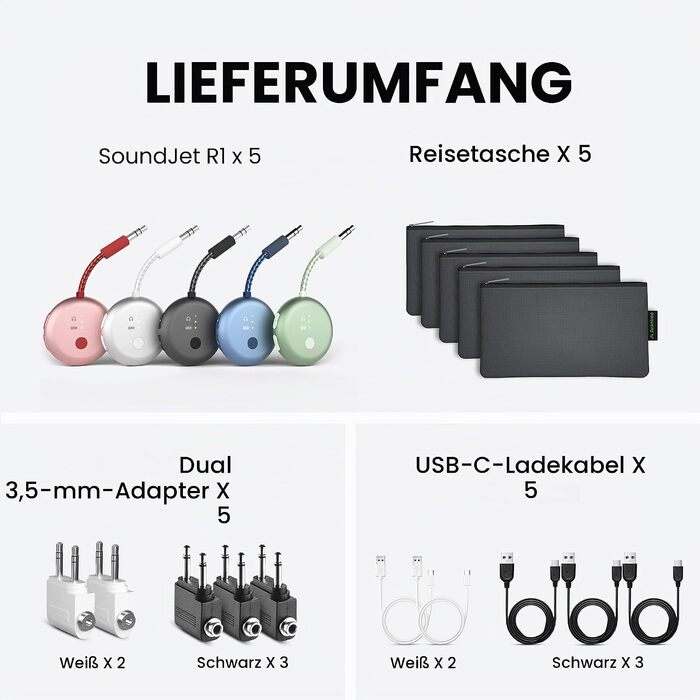 Bluetooth-адаптер для літака Avantree SoundJet R1 для AirPods та бездротових навушників, 25 годин роботи (набір з 7 шт, 5 кольорів)