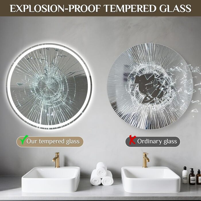 Круглий дзеркало для ванної кімнати Clevich з підсвічуванням, 80 см, сенсорне управління, протитуманне покриття, 3 кольори світла, регулювання яскравості