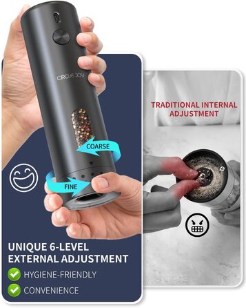 CIRCLE JOY електрична млинка для солі та перцю, з акумулятором, автоматична, 110 мл, регулювання помелу, біле LED-підсвічування, для однієї руки, чорна