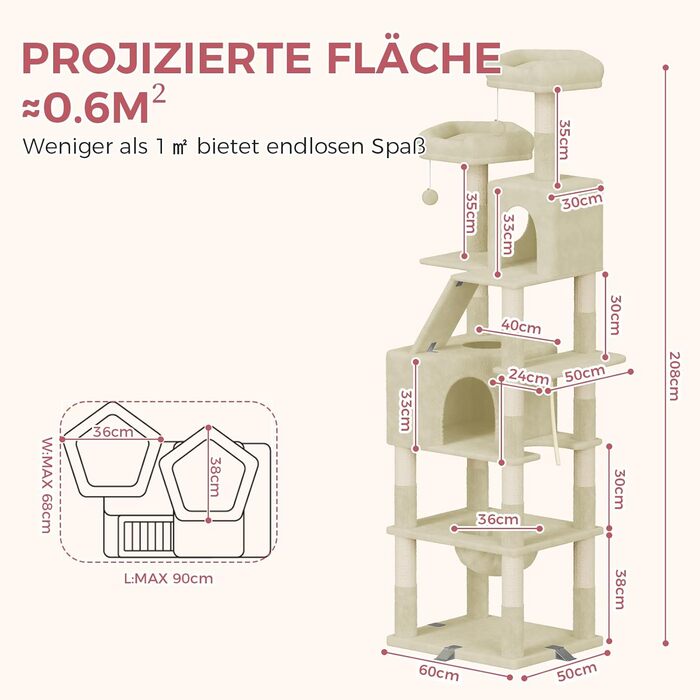 Великий котячий будиночок Kratzbaum 208 см з 3 анти-перекидною системою. Стабільний котячий будиночок XXL з 15 стовпчиками для дряпання, 2 платформами, 2 печерами, 1 рампою для дряпання та гамаком. Для великих котів (Бежевий)
