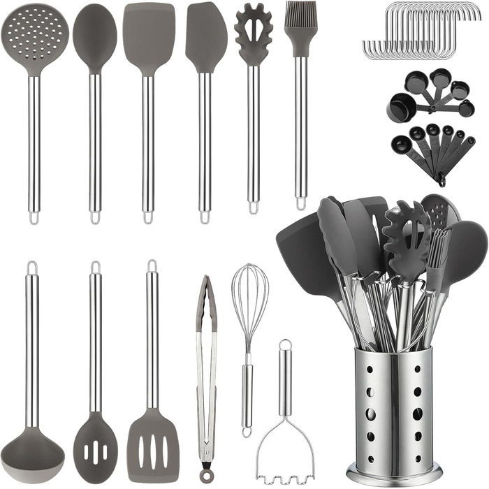 Kitchen Utensil Set, Kyraton 38-Piece Non-Stick Silicone Cooking Utensils Set, Spoon Spatula Set with Sturdy Stainless Steel Utensil Holder, Dishwasher Safe