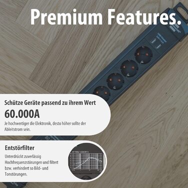 Брененштуль Steckdosenleiste Premium-Line: Розподільник розеток 6-фазний з захистом від перенапруги до 60000A, з вимикачем, 3м кабель, 2x USB 3.10A, для монтажу на стіну, Made in Germany, чорний, захист від витоку струму 60000A