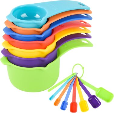 Measuring cup and spoon set, 7 colorful plastic measuring cups and spoons with levelers, cute rainbow measuring set for baking, 15 pieces