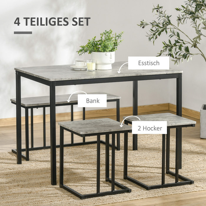 HOMCOM 4-Piece Dining Set, Kitchen Table Set, Dining Table with 3 Benches for 4 People, Dining Room Set, Table Set for Kitchen, Living Room, Grey | Aosom