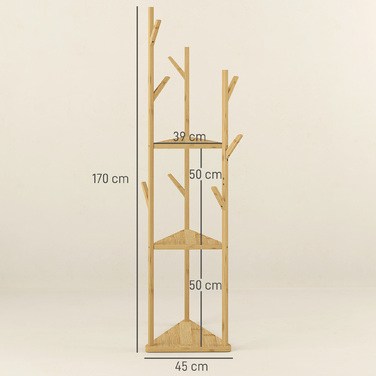 HOMCOM Coat Rack, Clothes Rack with 8 Hooks, 3 Tiers, Jacket Stand for Hats, Clothing, Entrance, Hallway, 45 x 45 x 170 cm, Bamboo, Natural | Aosom