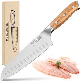 Ніж Santoku Moritz & Moritz 18 см - професійний кухонний ніж у японському стилі з надзвичайно гострою клинком - для м'яса, суші та іншого. Ергономічна ручка з акації. Німецька сталь Santokumesser