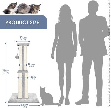 Zonema Kratzbaum-Kratzstamm Scratching Post with 80 cm Scratching Column for Small and Large Cats, Sisal Rope Cat Scratching Post with 1 Interactive Ball, Scratching Post Cat Furniture, for Indoor Activity, Play (79cm Scratching Post, Grey)
