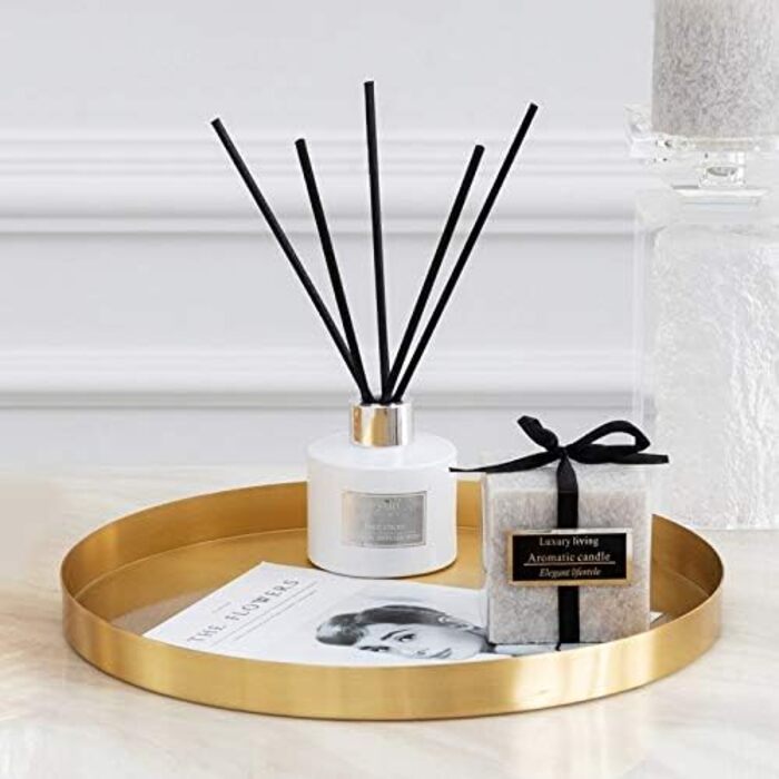 DOKOT Round Stainless Steel Serving Tray Gold, Jewelry and Makeup Organizer/Candle Tray Gold (32 cm)