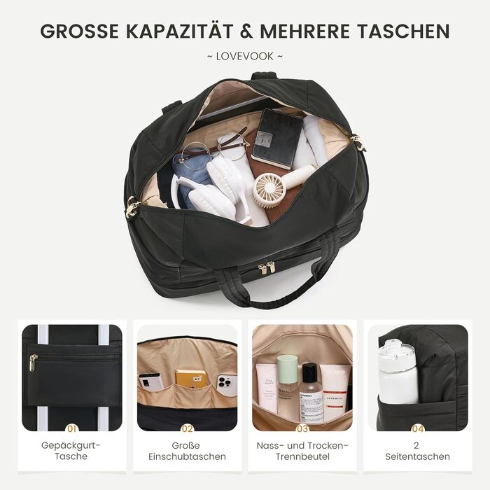 Сумка-мішок LOVEVOOK для подорожей, клініки, пологового будинку, ручної поклажі, 52x38x25 см, 50 л, з відділенням для взуття та косметичкою, бежевий