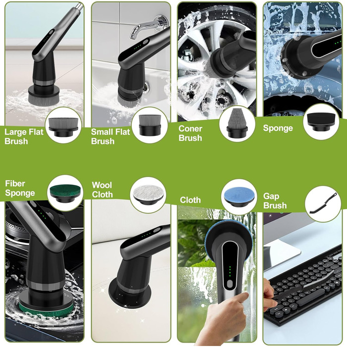 Електрична щітка для прибирання з 7 насадок, IPX7, регульована ручка, для ванної, кухні, підлоги, авто (чорний, сірий)