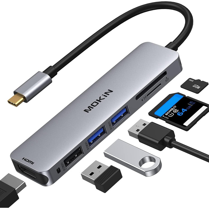 MOKiN USB-C хаб 6 в 1: HDMI 4K, 2xUSB 3.0, USB 2.0, SD/MicroSD картрідер, сумісний з MacBook, XPS та іншими пристроями