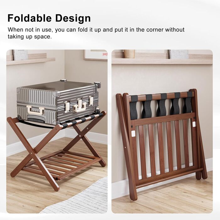 Fully assembled white luggage rack, improved bamboo, foldable suitcase stand with 5 nylon straps, luggage rack with shelf for guest rooms, hotel (white luggage rack, 1 piece) (1 x Walnut)