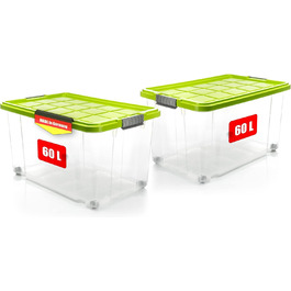 BigDean 2-Pack 60L Storage Boxes with Lid, Large Transparent - Stackable, Robust Box, BPA-Free - Rollable Stack Box with Secure Click Closures - Made in Germany (Green)