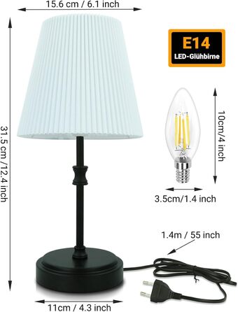 Торшер на тумбочку з сенсорним керуванням, регульована яскравість, 31.5 см, ретро-дизайн, чорний. Ідеальний подарунок на Новий Рік та Різдво