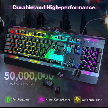 TECKNET RGB ігрова клавіатура для ПК, мембранна, 105 клавіш, повнорозмірна металева панель, підставка для зап'ястя, 15 зон RGB підсвічування, 25 антиблінгувальних клавіш, QWERTY (американська)