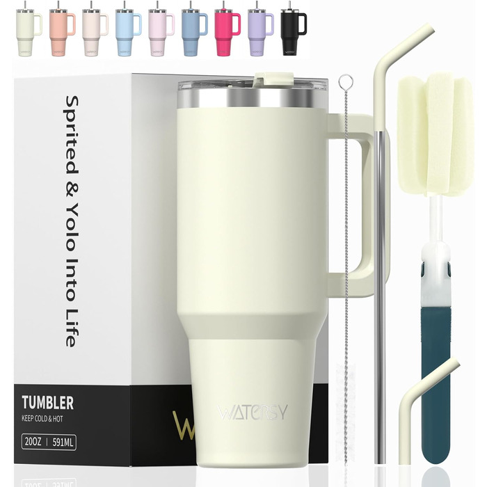 Термокружка для кави та напоїв WATERSY 40oz (591 мл) з нержавіючої сталі, подвійні стінки, без витоку, з ручкою та трубочкою, бежевий