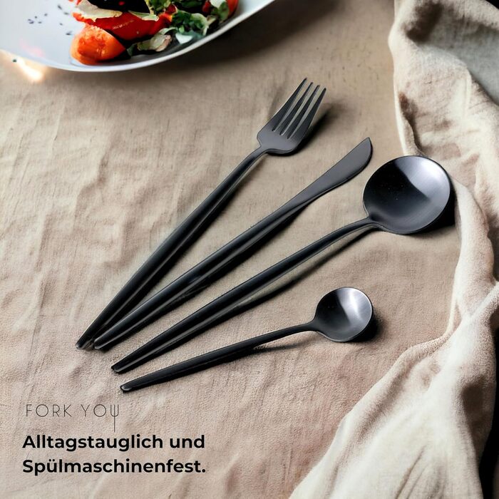 FORK YOU Cutlery Set Black Matt (16-piece), Stainless Steel, Table Cutlery for 4 People, Dishwasher-Safe, Gift Set in High-Quality Gift Box