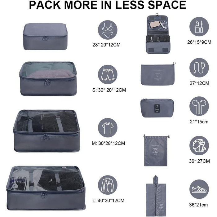 Органайзер для валізи OSDUE, набір 9 шт: Packing Cubes, водонепроникні сумки для одягу, сумки-органайзери для валізи, косметичка, кишеня для USB-кабелів (Бежевий)