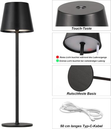 Акумуляторна настільна лампа LED бездротова з USB-C зарядкою, димується, 3 режими світла, чорна - для дому, кемпінгу