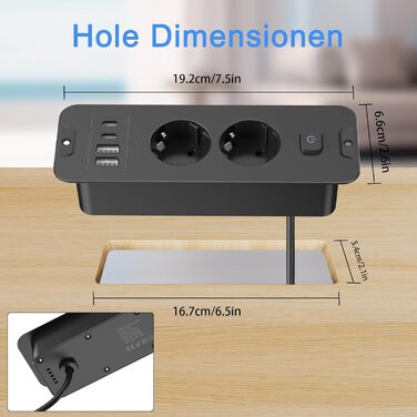 Мережевий адаптер 5-портовий з індивідуальним вимикачем, з 2 USB-A та 2 USB-C, розподільчий блок живлення 5-портовий з вимикачем, мережева стрічка з кріпленням на стіну та 2м кабелем, PD 20W - (2 розетки, 4 USB, чорний)