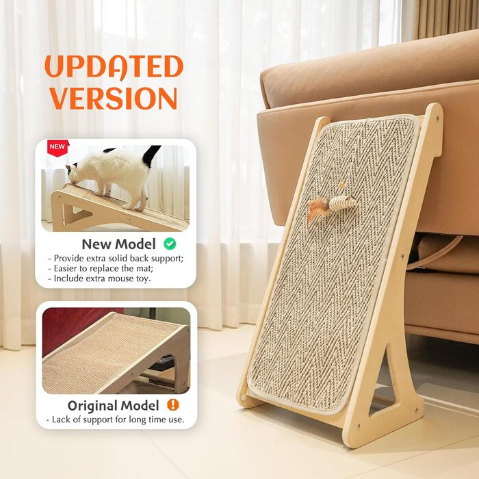 PETKARAY Драбина-кіготь для котів, L-подібна, 68 см, з сизалю, для стіни та кута, з котячою м'ятою та іграшкою-мишкою