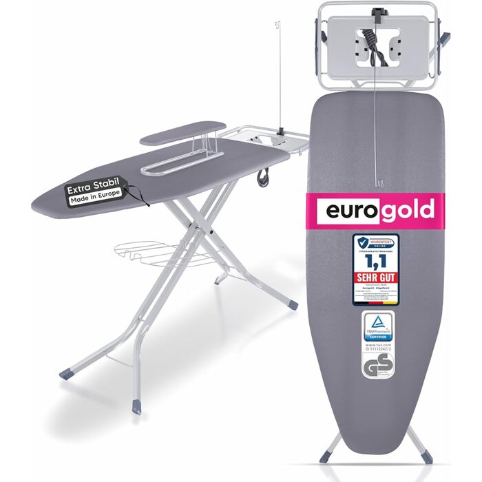 Прасувальна дошка EUROGOLD для парогенератора 130x48 см з розеткою, регульована по висоті, складана, з підкладкою для рукавів та підставкою для праски, бавовняний чохол Oeko-Tex (Сірий)