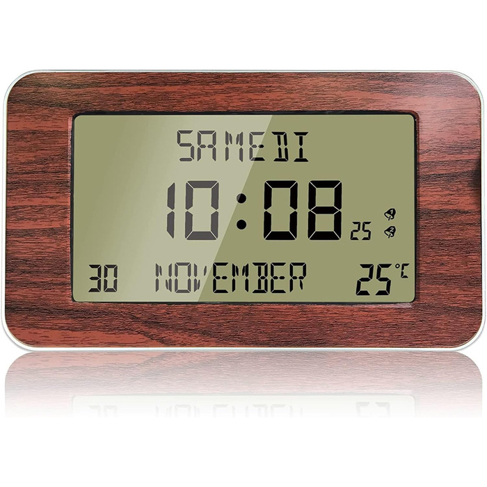 FISHTEC Radio Clock Alarm Clock with Calendar – Large Display, Date, Day, Time, Temperature, 2 Alarms, Wall Mounting or Stand – Wood-Look Finish, 24 x 14 cm