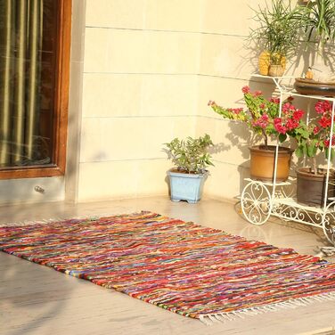 RAJRANG BRINGING RAJASTHAN TO YOU Chindi Fleece Teppich 91x152 cm Colorful Boho Rug Farmhouse Decor Woven Braided Area Rug with Tassels
