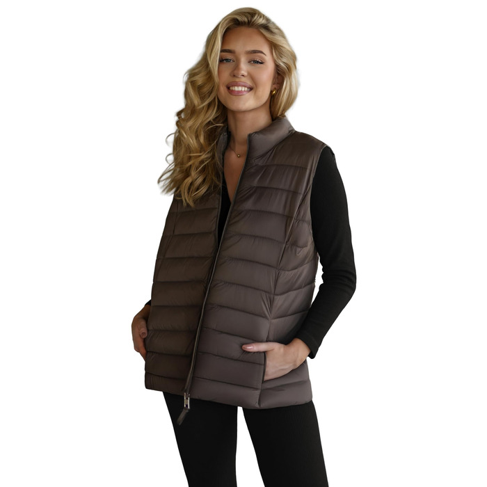 Жіноча степна жилетка OZONEE з капюшоном, без рукавів, спортивна, тепла, для осені/весни, довга, Outdoor, 777/1765KA (S, Коричневий/Сірий)