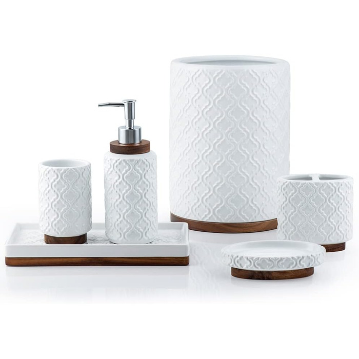 Набір аксесуарів для ванної кімнати RQYIXI, 6 предметів: тримач для зубних щіток, дозатор мила, відро, піднос, чашка, мильниця, кераміка, дерево, теплий білий колір