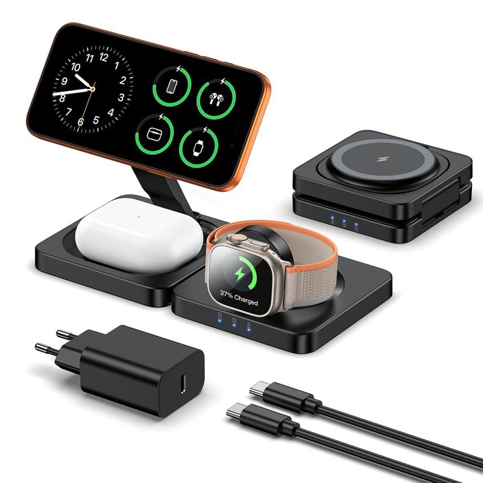 Бездротова зарядна станція 3 в 1 ADADPU MagSafe для iPhone 17/16/15/14/13/12, чорна