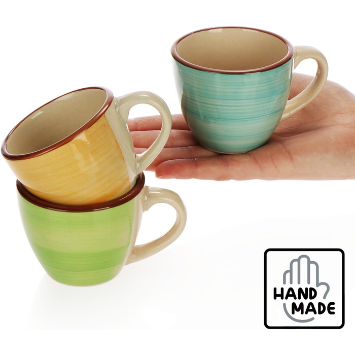 Набір з 6 керамічних чашок для еспресо Com-Four® об'ємом 125 мл - кольорові мокко-чашки ручної роботи для еспресо, мокко та рістретто (зелений/оранжевий/рожевий/синій/жовтий/сірий)