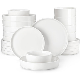 MALACASA, Leah Series, Dinnerware Set for 4 People, 12-Piece Porcelain Tableware Set Combination Set White, Dishware with Raised Edge consisting of 4x Dinner Plates, 4x Dessert Plates, 4x Cereal Bowls White, 12-Piece