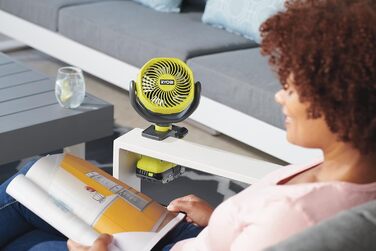 RYOBI RCF18-0 Акумуляторний Clip-вентилятор 18V, 10 см, Зелений. Компактний, портативний, 2 швидкості, гумова кліпса. Без акумулятора та зарядного пристрою