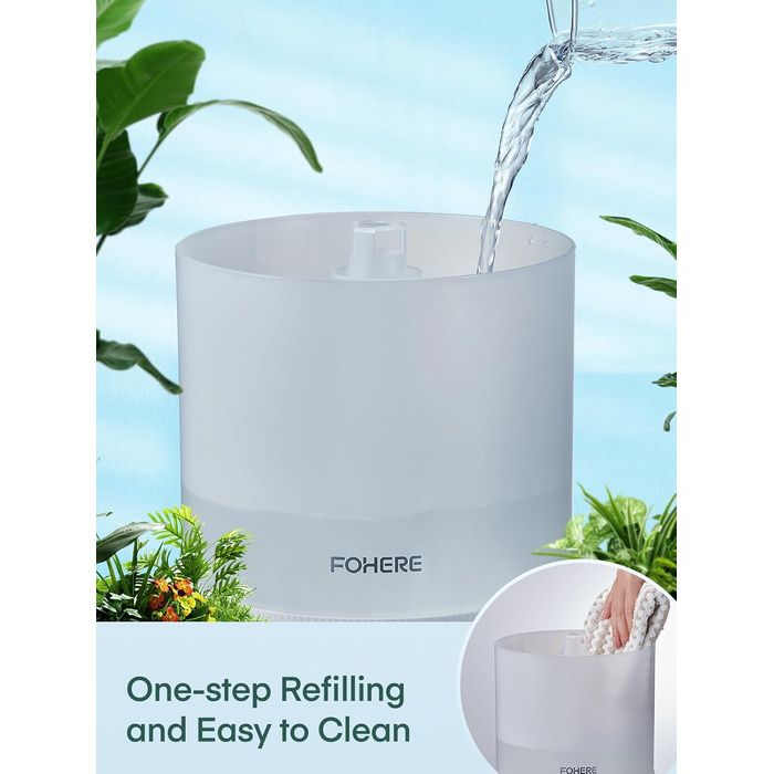 Ультразвуковий зволожувач повітря FOHERE 3.2L для спальні та дитячої кімнати, з верхнім заливом, холодною парою, функцією дифузора ефірних олій, 7-кольоровою підсвіткою, тихий, BPA-free, білий