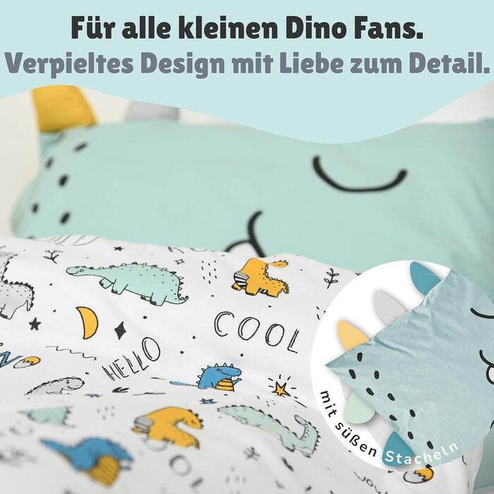 Дитяча постільна білизна (2 шт.) з 100% бавовни Oeko-Tex: ковдра 100x135 см та подушка 40x60 см. Зручна дитяча постіль з блискавкою, дихаюча, регулює температуру, з зображенням динозаврів.