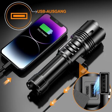 Ліхтарик LED акумуляторний, тактичний, 500000 люмен, 9 режимів, COB бічне світло, USB-C, для кемпінгу та надзвичайних ситуацій, чорний