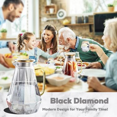 DUJUST Black Glass Carafe with Lid 2 Liter, Water Carafe in Modern Diamond Design, Glass Pitcher with Handle for Fruit Infusion, Durable Heat-Resistant Water Pitcher for Iced Tea/Milk/Coffee