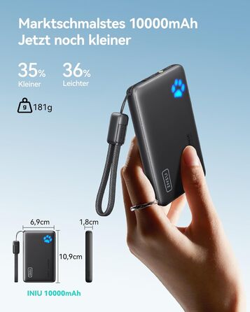 Power Bank INIU 10000mAh 45W USB-C PD3.0 з ліхтариком, бежевий - Зовнішній акумулятор для iPhone, Samsung, iPad