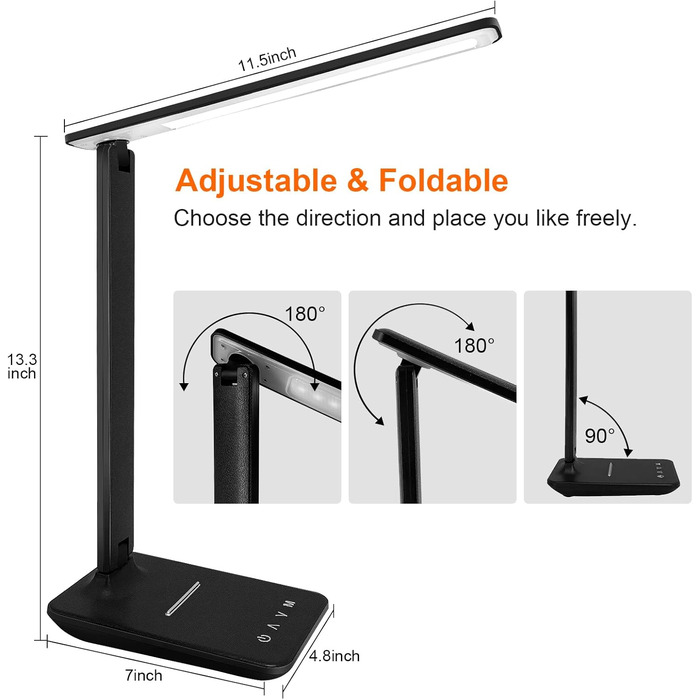 Стійка лампа Jumoking LED з регулюванням яскравості та захистом очей, USB-порт для зарядки, сенсорне керування, 5 кольорів та 5 рівнів яскравості, для дітей, спальні, читання, офісу (чорний)