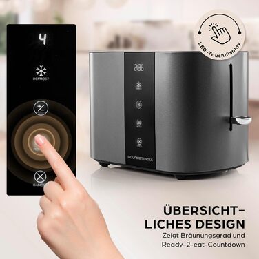 Тостер GOURMETmaxx Kurzschlitz для 2 тостів | Антрацитовий колір, 6 рівнів підсмажування, таймер, підставка для бургерів, функція підігріву | Електричний тостер з сенсорним дисплеєм