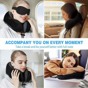 Подушка для шиї в літак, поїздки: Memory Foam, регульована, компактна, ергономічна, м'яка, дихаюча з навушниками, маскою для сну, чохлом (Чорний)