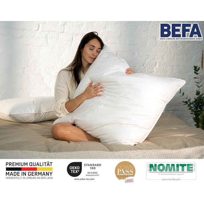 Подушка BEFA NATUR 80x80 см, 3-камерна, 90% пух, 10% перо, для алергіків, сертифікована Öko-Tex, Made in Germany
