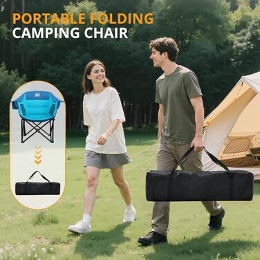 Кемпінговий стілець складаний посилений (200 кг) з подушкою 6 см - для риболовлі, кемпінгу, саду, фестивалів. Зручний стілець з бічними кишенями та сумкою для транспортування (Синьо-блакитний, M)