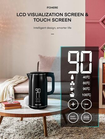 Електричний чайник FOHERE з регулюванням температури 1.7L, LCD дисплеєм (40°C - 100°C), чорний, з підігрівом до 240 хв, 2200W