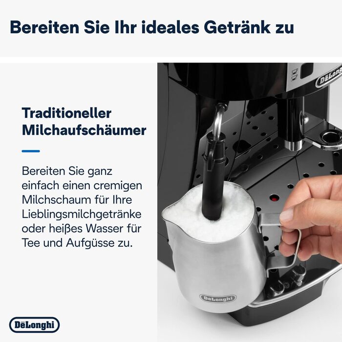 De'Longhi Magnifica S ECAM 22.110.B Fully Automatic Coffee Machine with Milk Frother for Cappuccino, featuring Espresso Direct Select Buttons and a Rotary Control, 2-Cup Function, 1.8 Liter Water Tank, Black/Silver with Chrome Finish