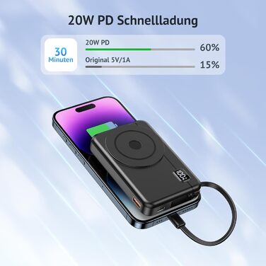 Powerbank MagSafe 10000mAh 22.5W з магнітним кріпленням, USB-C, LED-дисплеєм. Сумісний з iPhone 16/15/14/13/12 Pro Max, Galaxy та іншими пристроями. Чорний