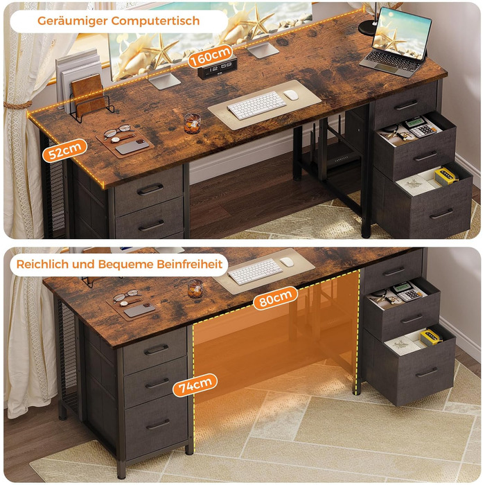 Колесхоум Стол письмовий з 6 шухлядами 160x52 см, комп'ютерний стіл з полицями для дому та офісу (Колір: Коричневий, 160x52 см)